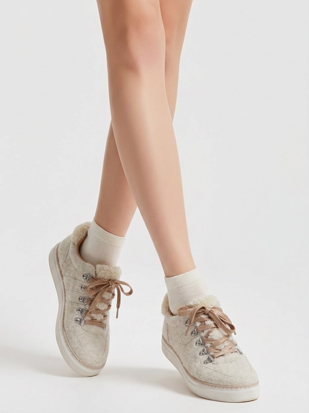 Crown Vintage Kalita Faux Shearling Sneaker Oatmeal Beige Lace Up